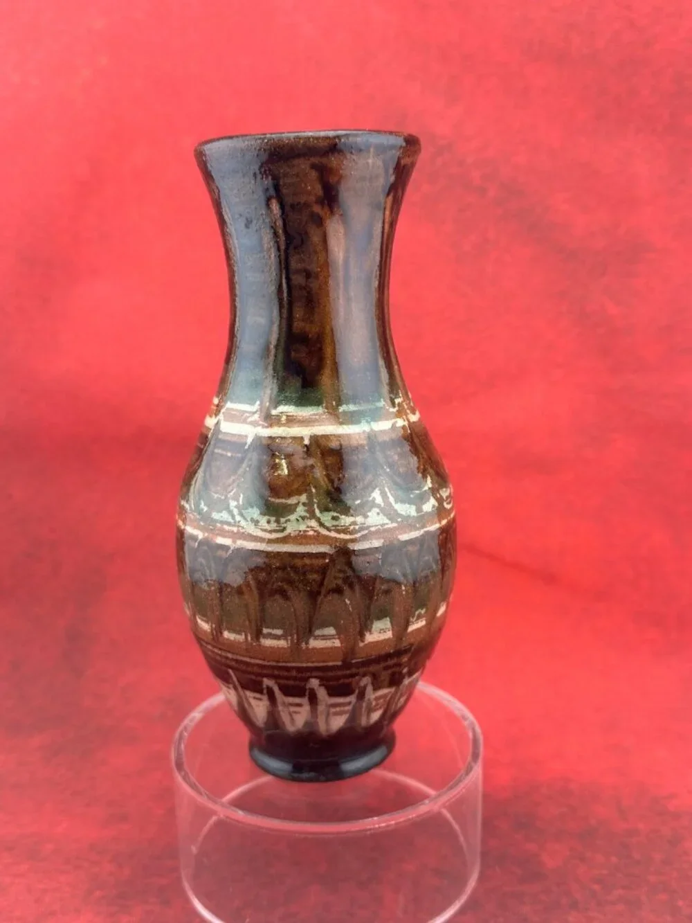 VINTAGE DRIP GLAZED STUDIO ART POTTERY VASE HAND-MADE AND HAND- PAINTED 6.5 in
